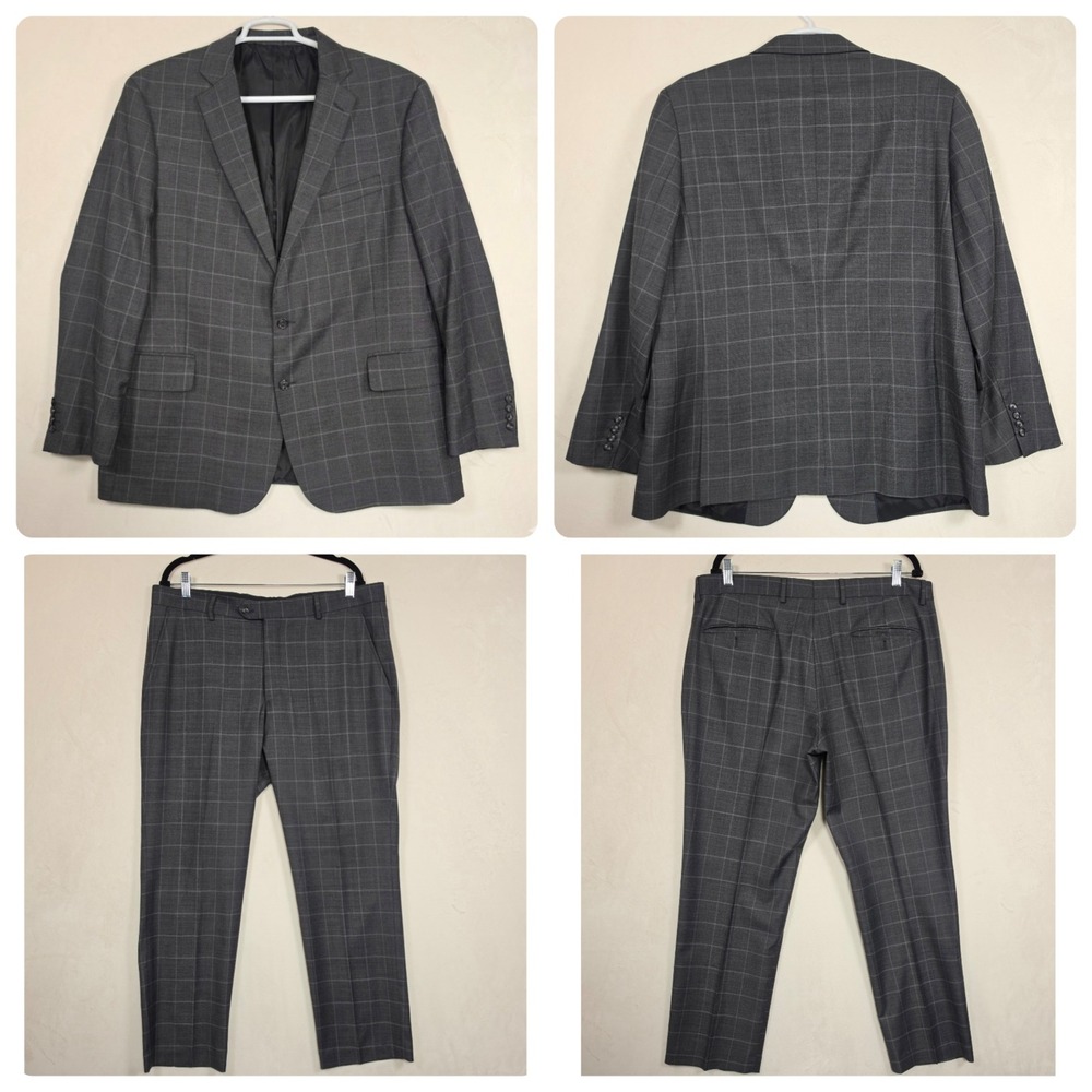 Stafford Suit Mens 50R‎ Gray Windowpane Two Piece Preppy Business Formal Classic - Picture 3 of 16